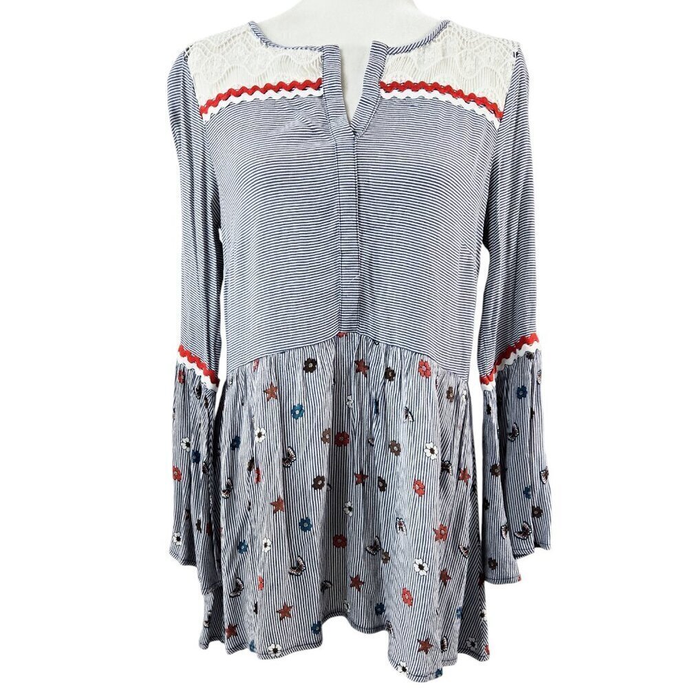 Desigual Cathie Blue White Striped Split Neck Flare Sleeve Blouse Whimsical